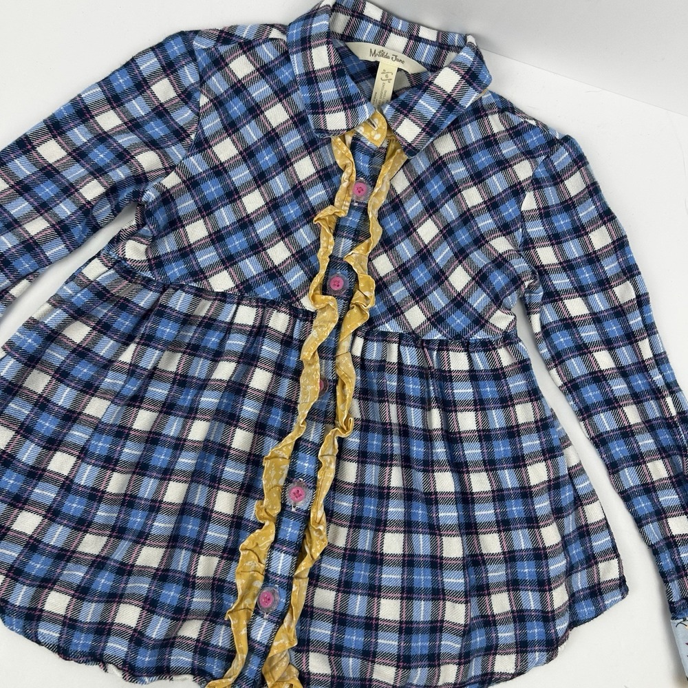 Matilda Jane Plaid Ruffle Floral Top Button Down Shirt Girls Sz 6 Blue Yellow